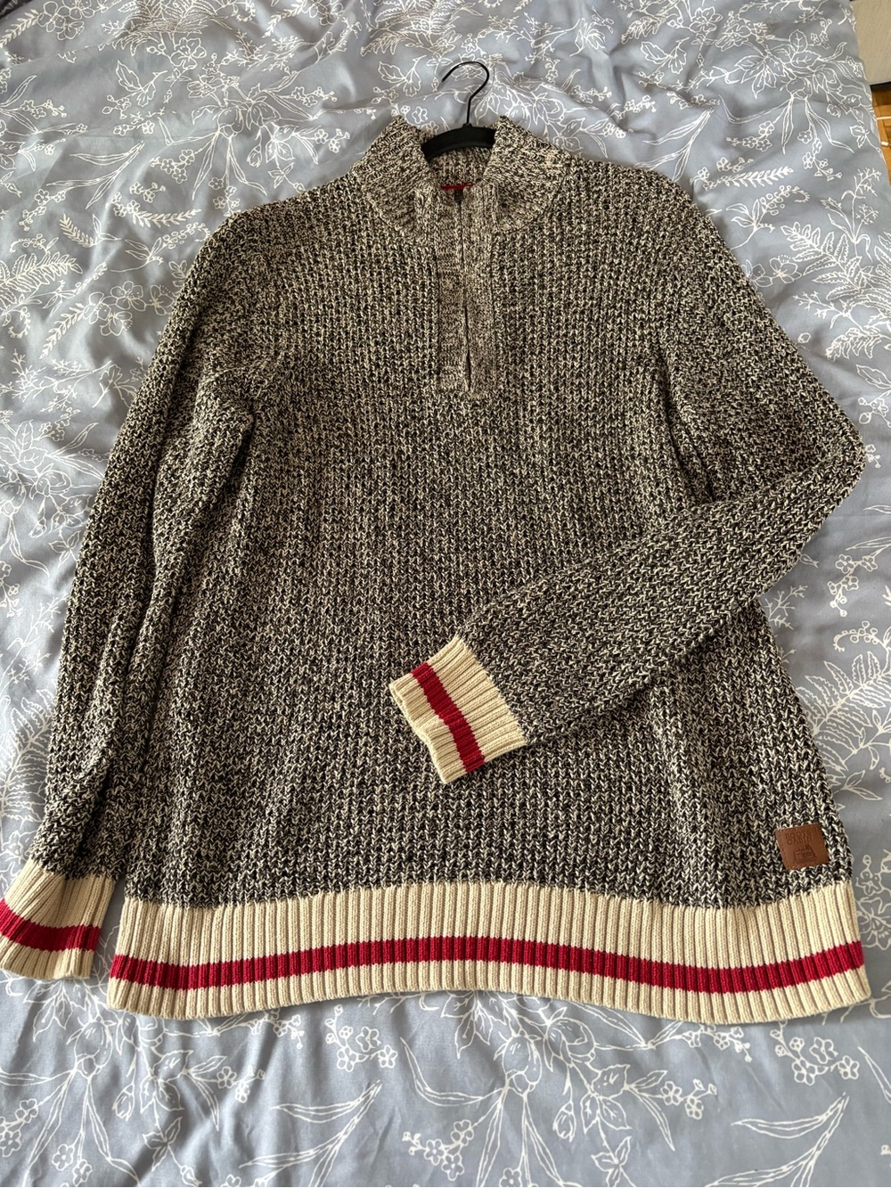 Roots Men's Black & Cream Marled Zip-Neck Sweater with Red Stripe